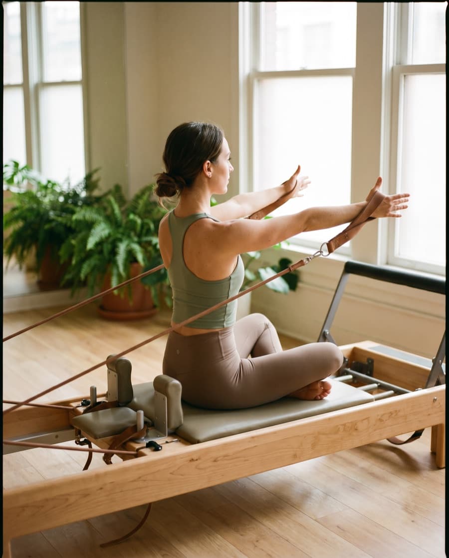 A Core Pilates instructor mid-movement on a reformer, from the studio shoot.