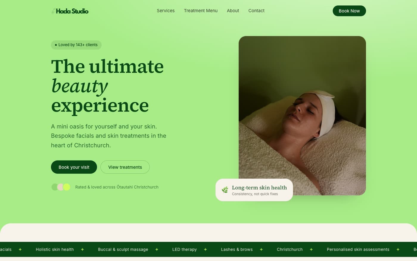 The Hada Studio home page, showing the facial treatment menu and booking flow.