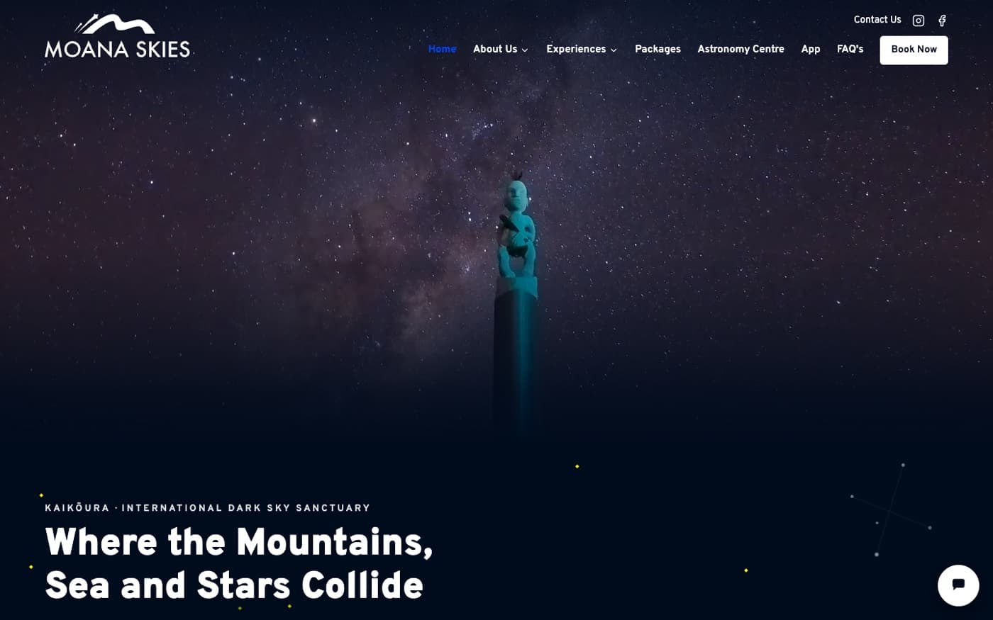 The Moana Skies home page, showing a Māori carving against the Milky Way above the headline 'Where the Mountains, Sea and Stars Collide'.