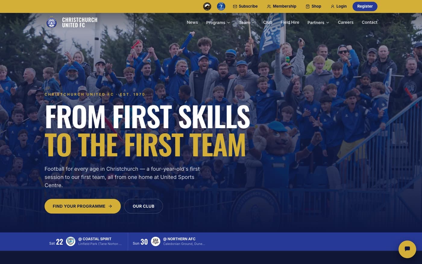 The Christchurch United football club website, one of the ten brand sites running on the group's own system.